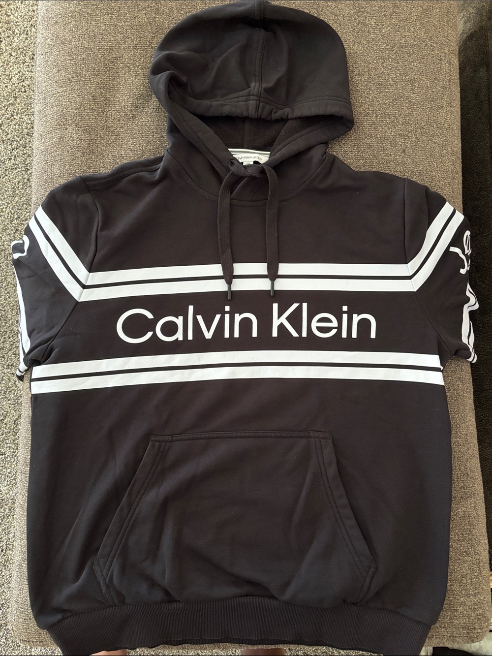 Calvin Klein Black Crewneck Hoodie with White Logo Stripes